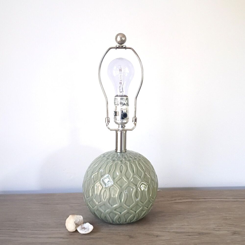 Sage Green Ceramic Round Ball Accent Table Lamp Textured Gray Moss Orb Light